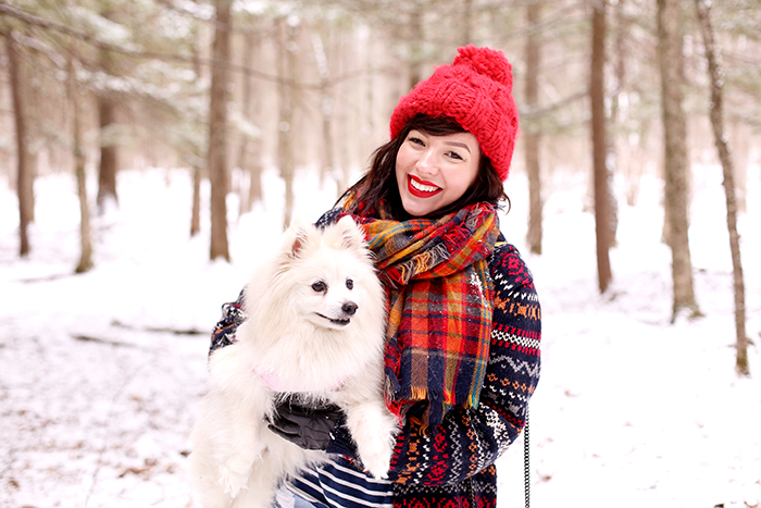 Evelyn Bourdon winter outfit sorel boots plaid scarf and fair isle sweater 3