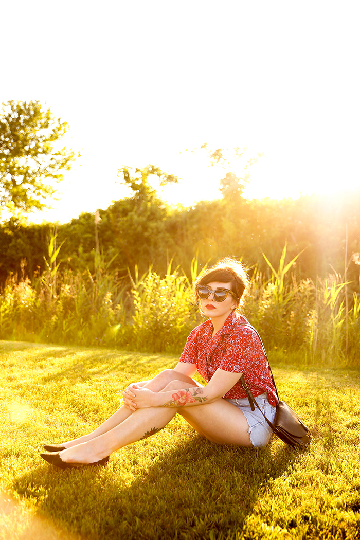 Evelyn Bourdon thrifted bandana shirt and denim shorts-3