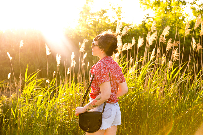 Evelyn Bourdon thrifted bandana shirt and denim shorts-4