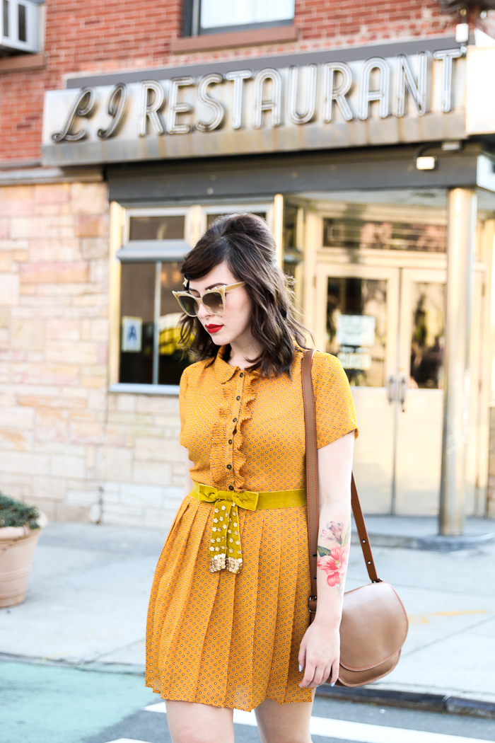 mustard forever 21 dress Evelyn Bourdon coach saddlebag 