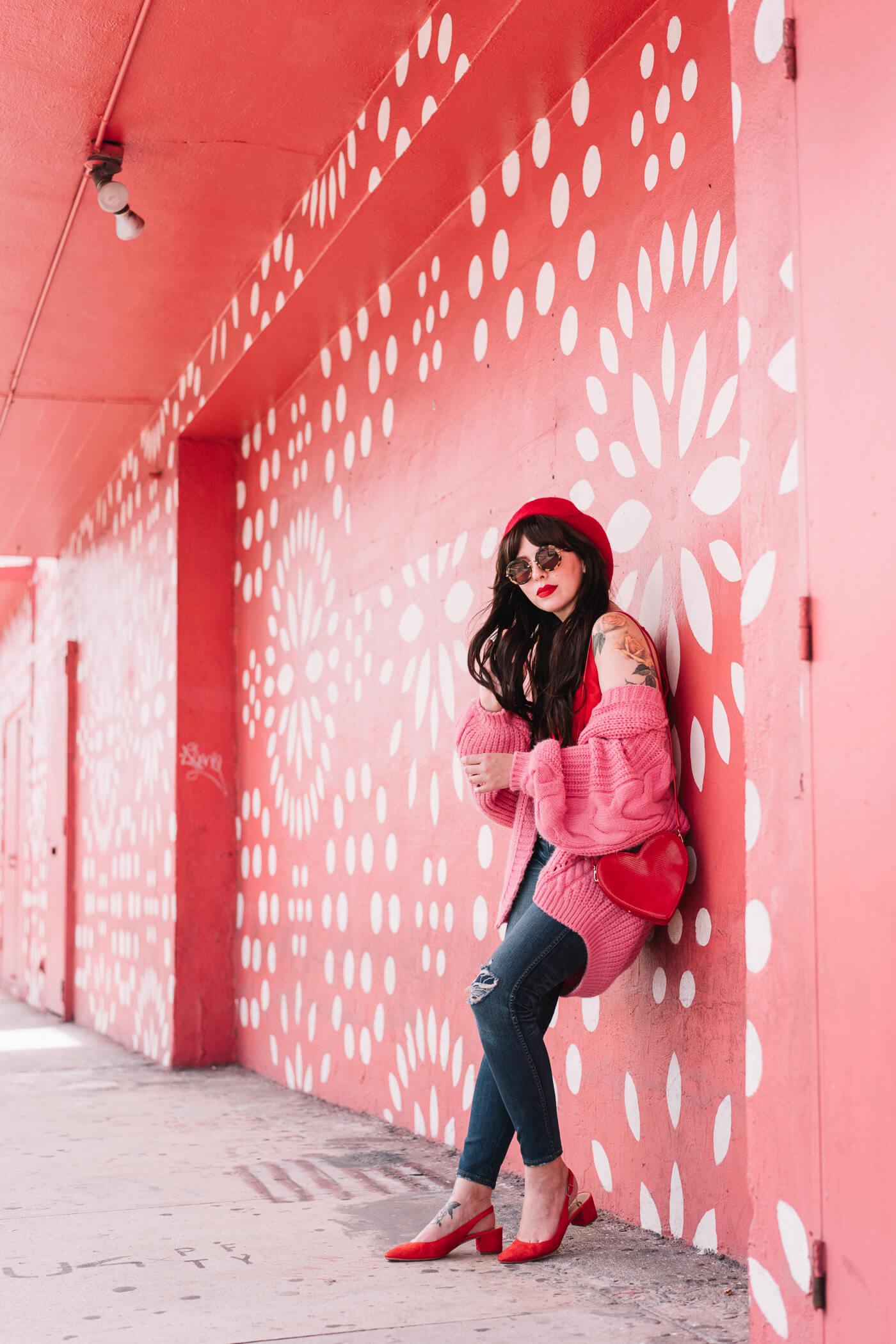 pink and red outfit, river island bright pink cardigan