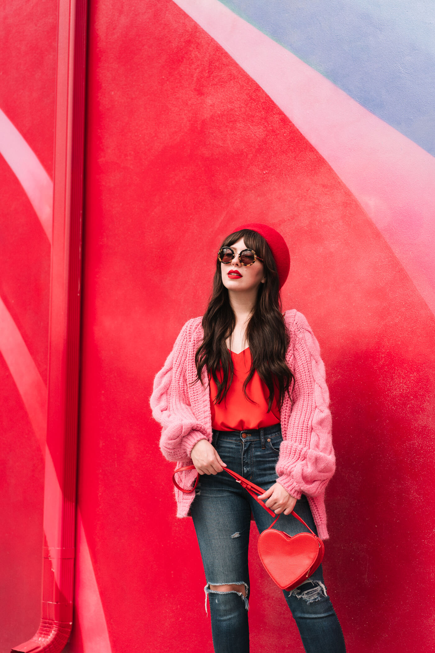 pink and red outfit, river island bright pink cardigan