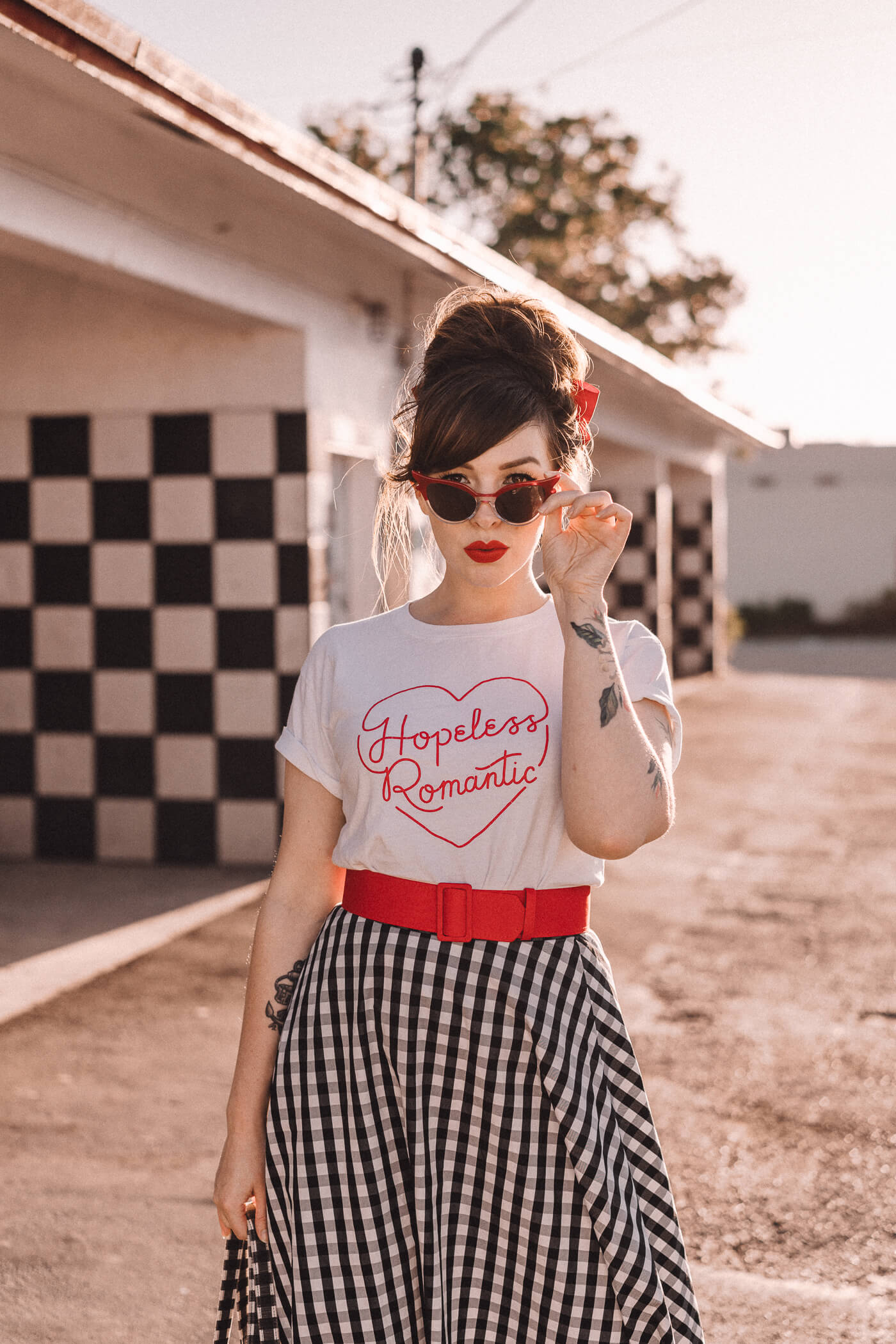 kate spade gingham skirt and ban.do hopeless romantic shirt