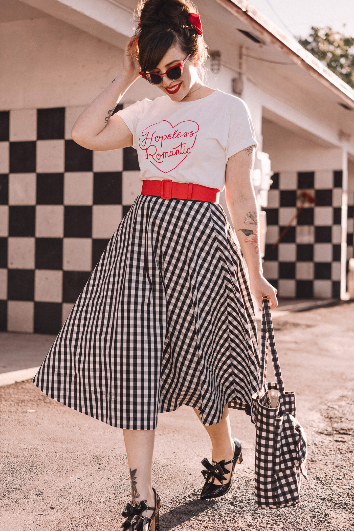 kate spade gingham skirt and ban.do hopeless romantic shirt