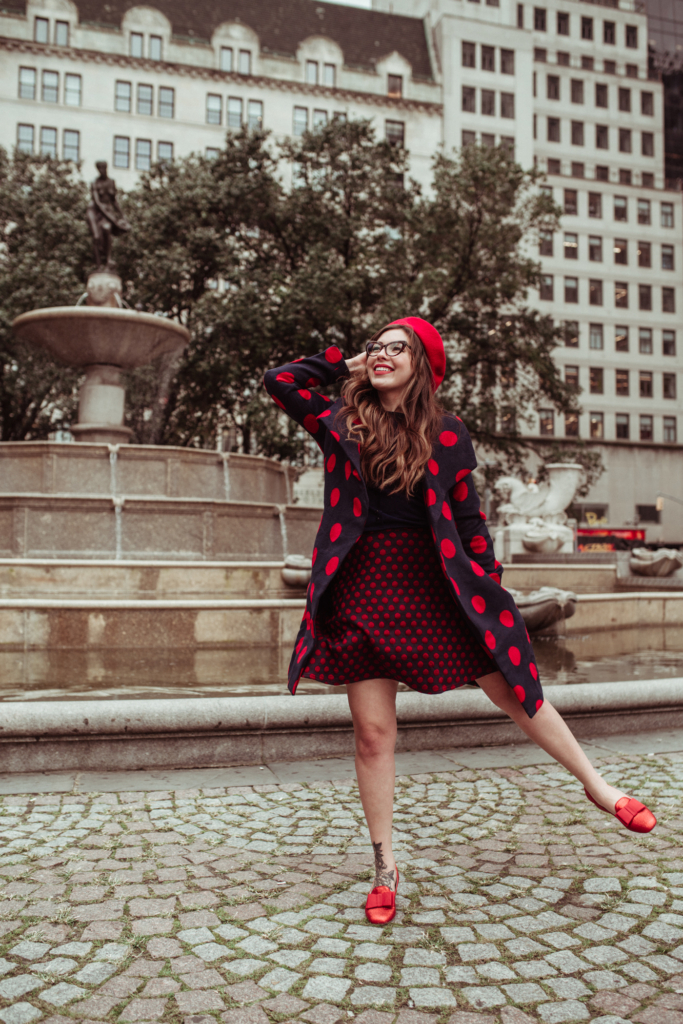 woman wearing polka dot dress and jacket from ModCloth Pieces