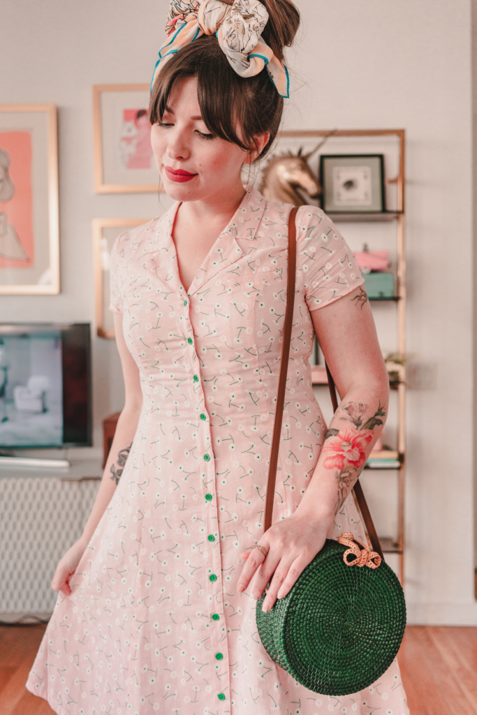 woman wearing pink printed dress