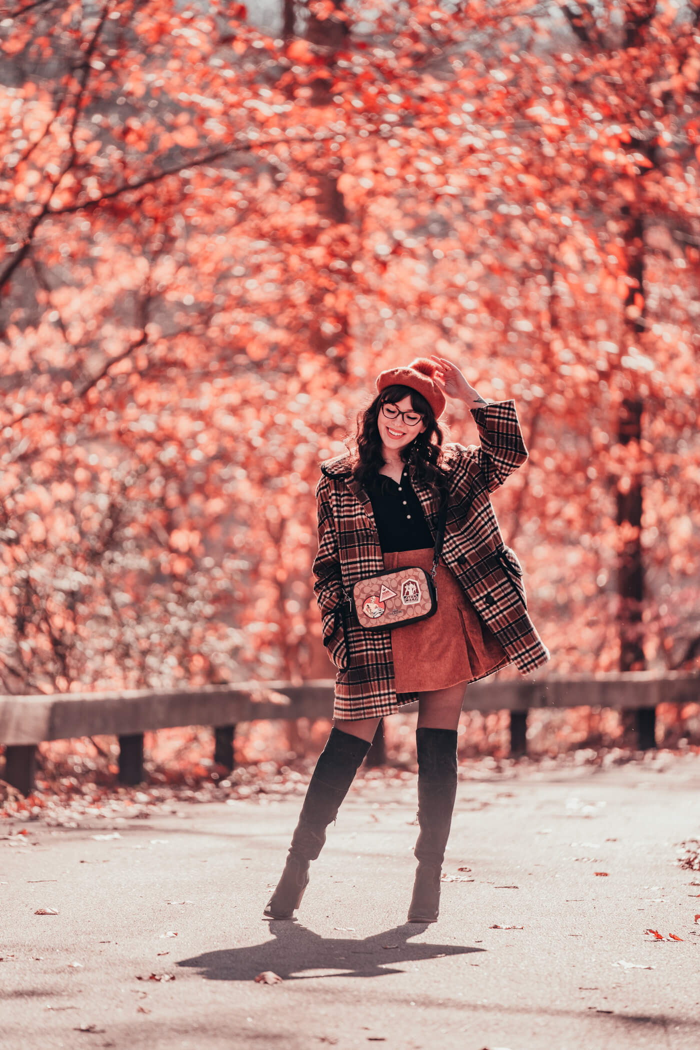 Evelyn Bourdon fall fashion inspiration, plaid coat with suede skirt