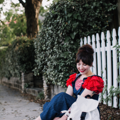 express ruffled jumpsuit and kipling backpack