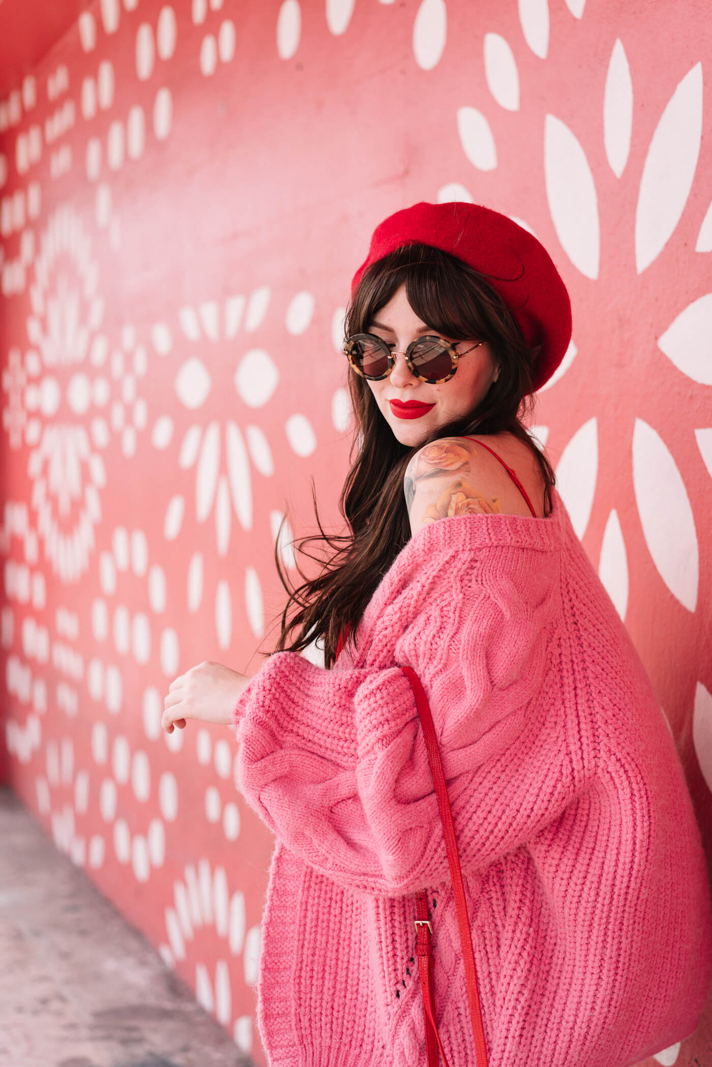 pink and red outfit, river island bright pink cardigan