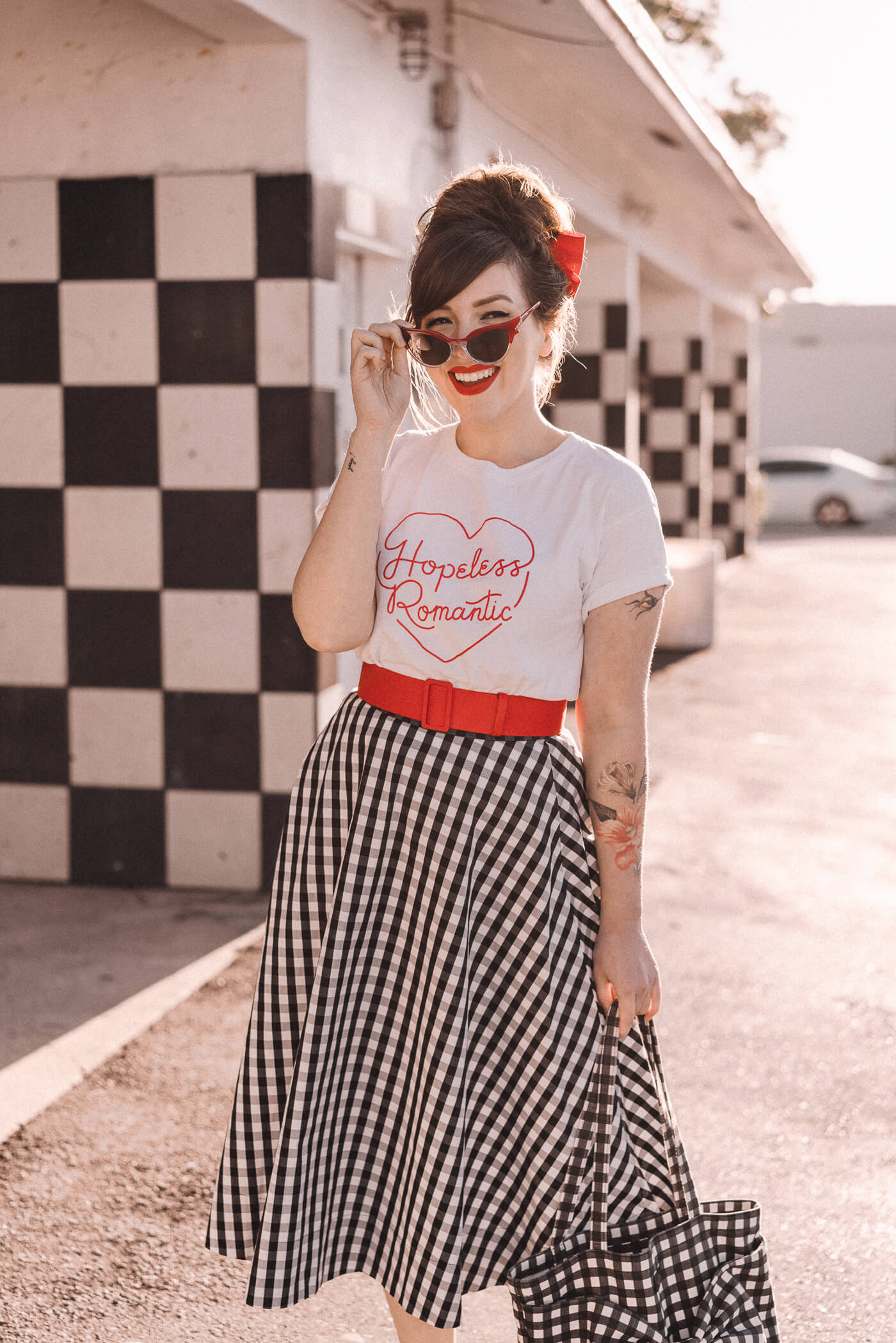 kate spade gingham skirt and ban.do hopeless romantic shirt