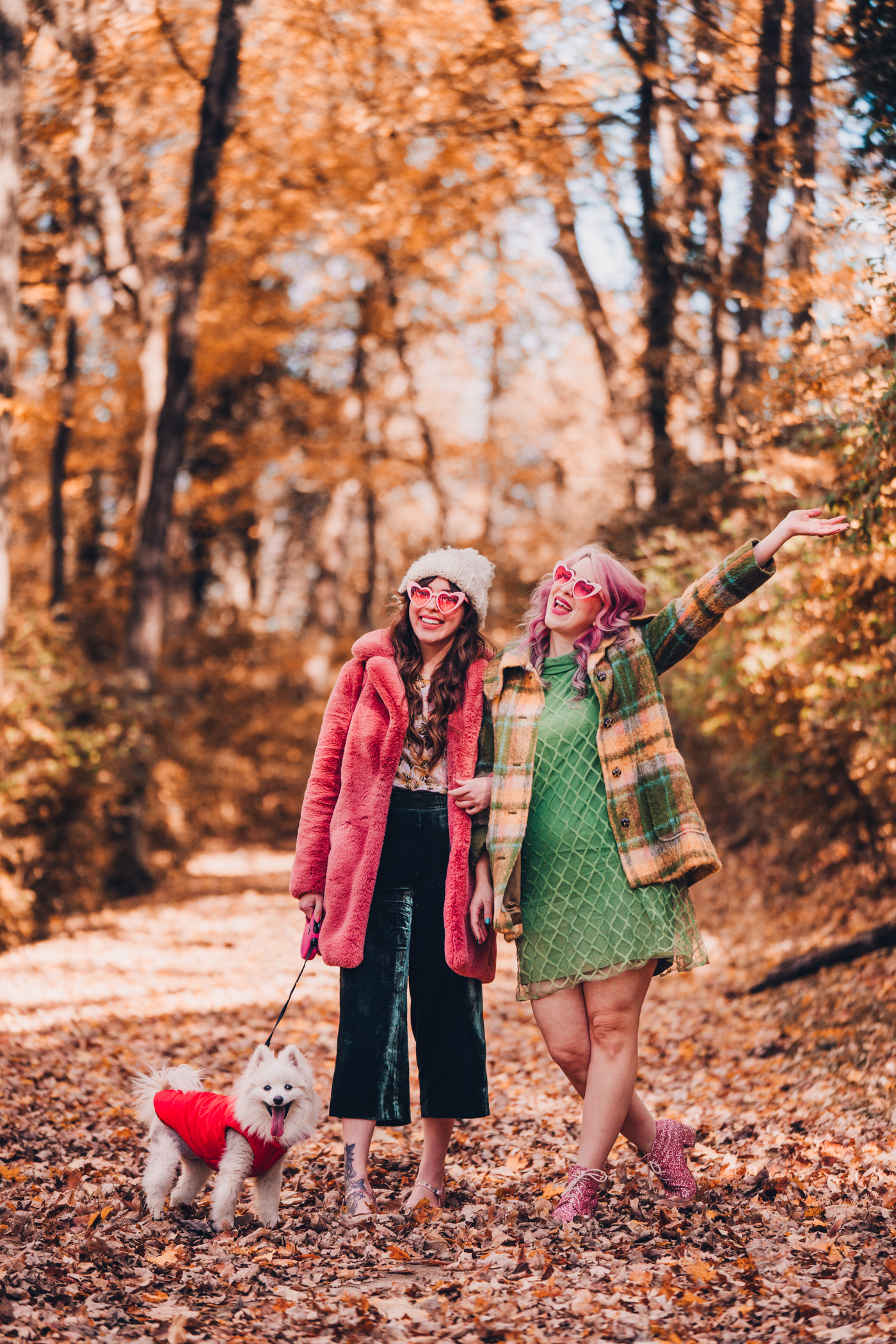 woman wearing green and Pink faux fur coat 