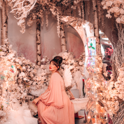 Moon and floral portrait of Evelyn Bourdon in a vintage angel sleeve maxi dress