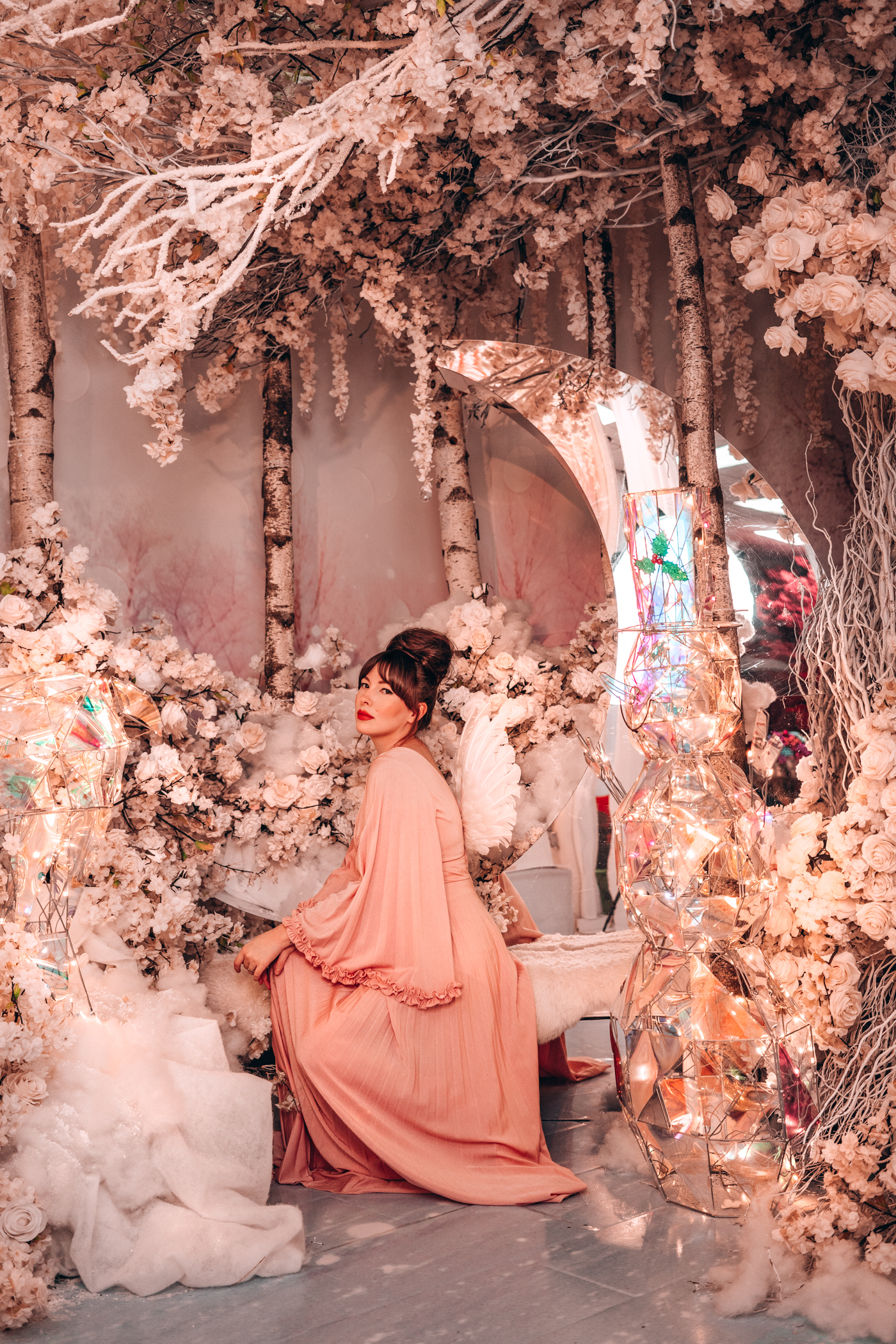 Moon and floral portrait of Evelyn Bourdon in a vintage angel sleeve maxi dress