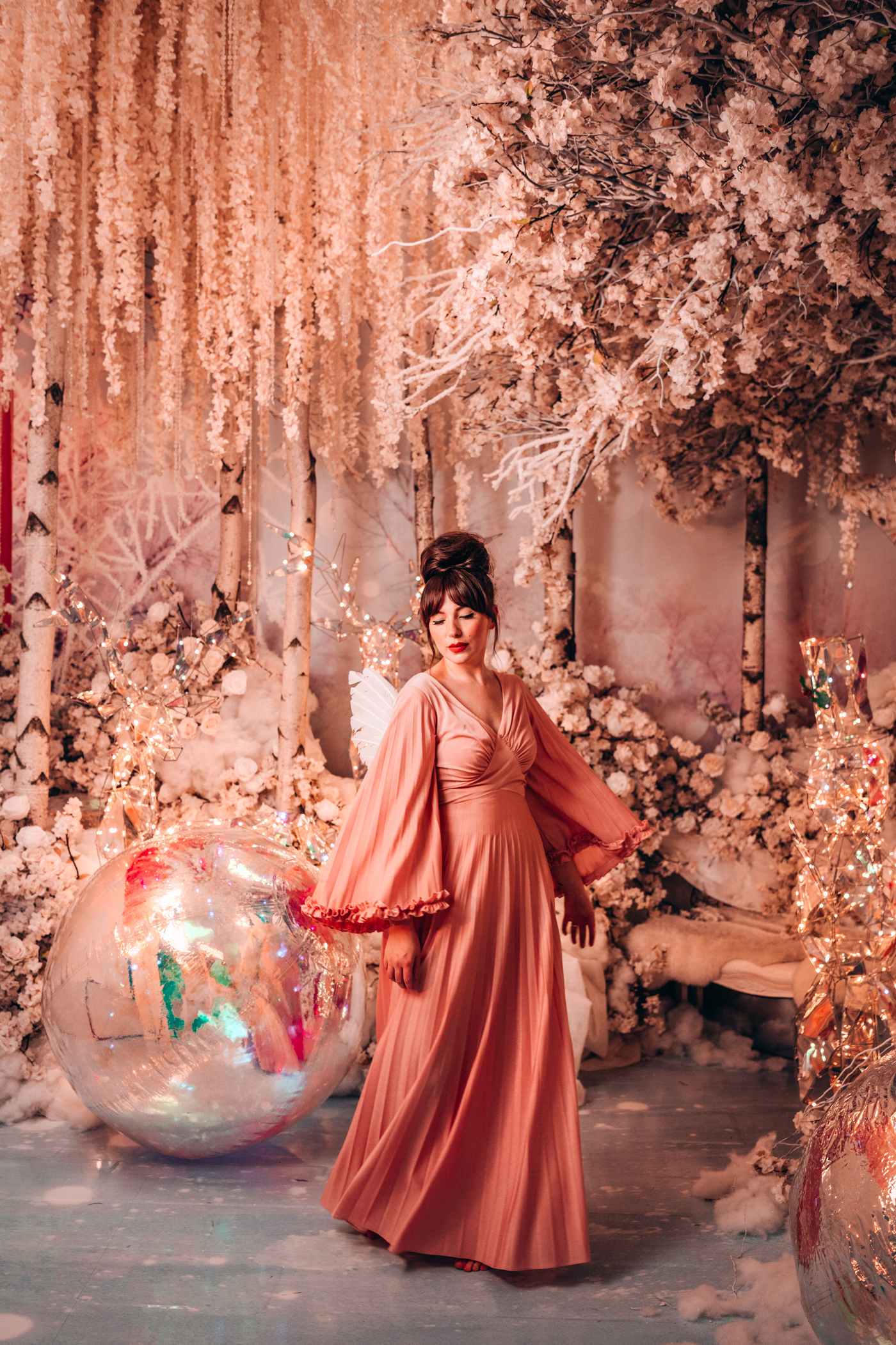 Moon and floral portrait of Evelyn Bourdon in a vintage angel sleeve maxi dress | The Floral Escapes Holiday Studio