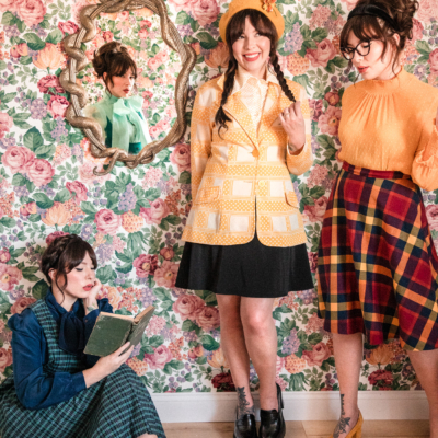 Evelyn Bourdon in outfits inspired by the four Hogwarts Houses of Harry Potter, in front of Pottery Barn Teen Nagini mirror