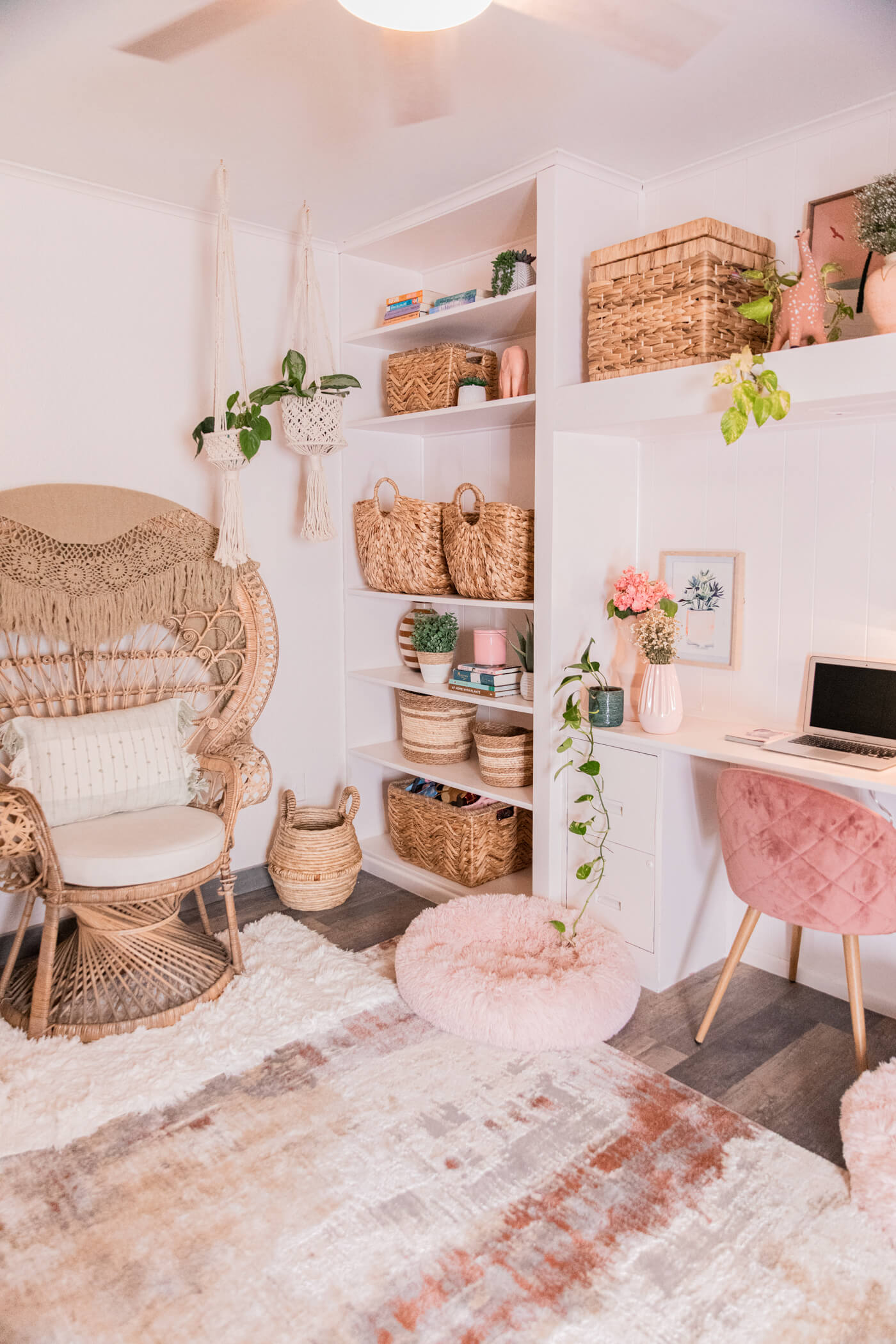 home office with homegoods pastel and weaved basket storage baskets