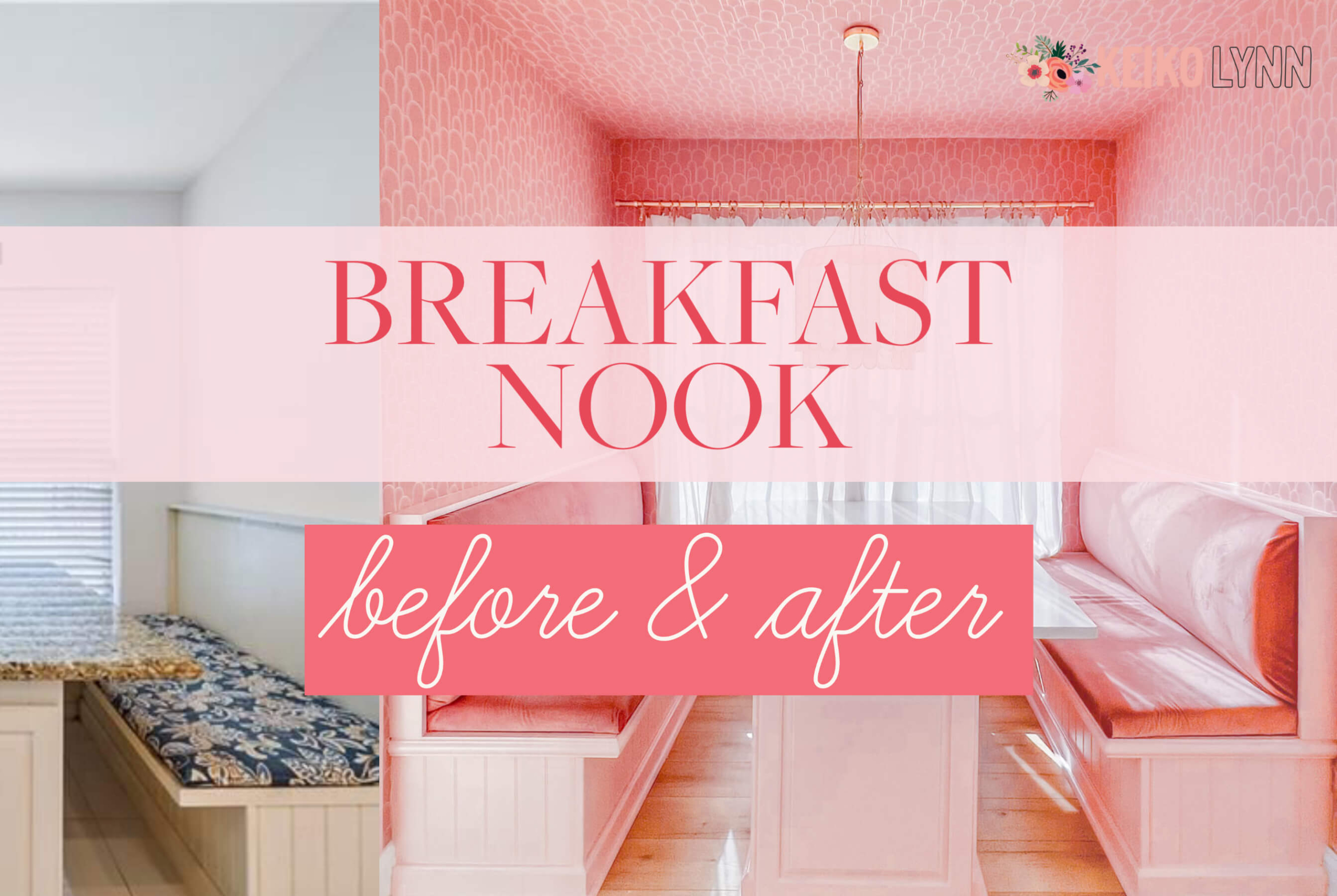 before and after of Evelyn Bourdon's built in breakfast nook with storage benches