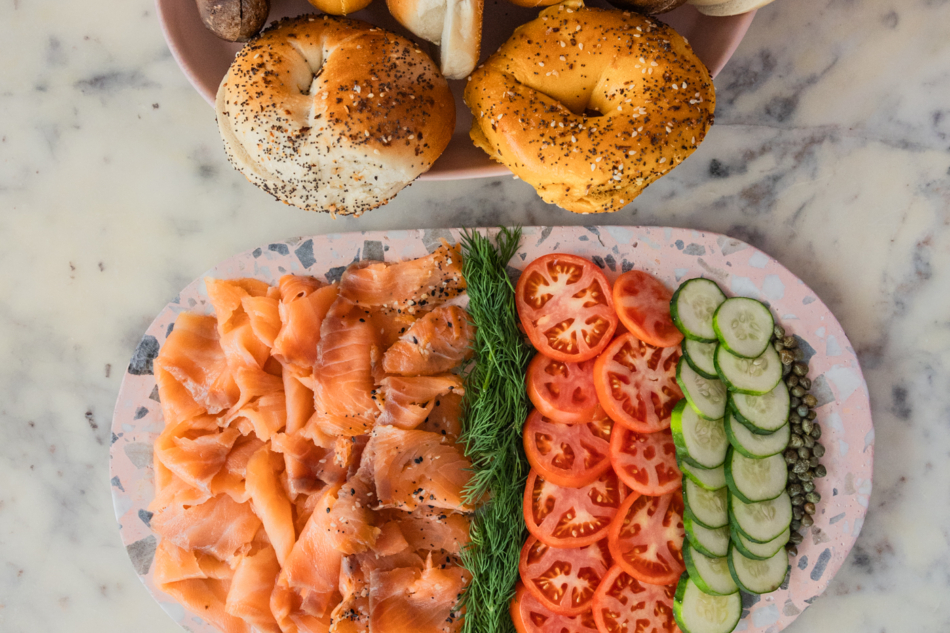 brunch party idea: bagel board with smoked salmon cream cheese and toppings